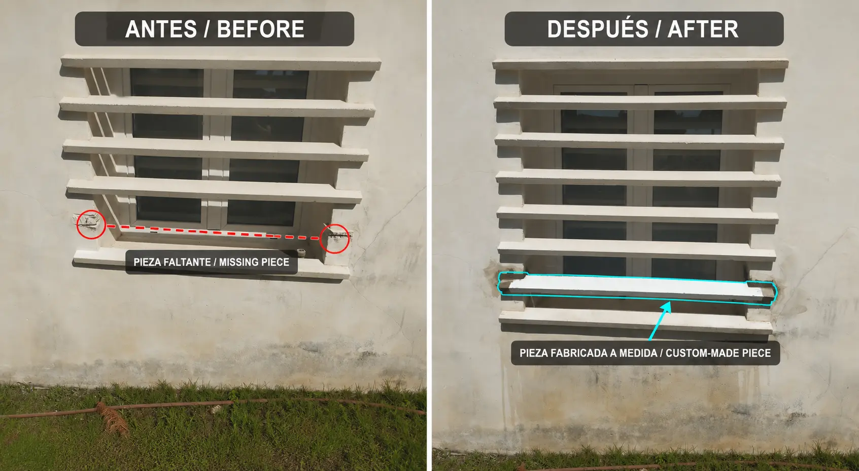 Antes y después de reparación de reja con pieza fabricada a medida